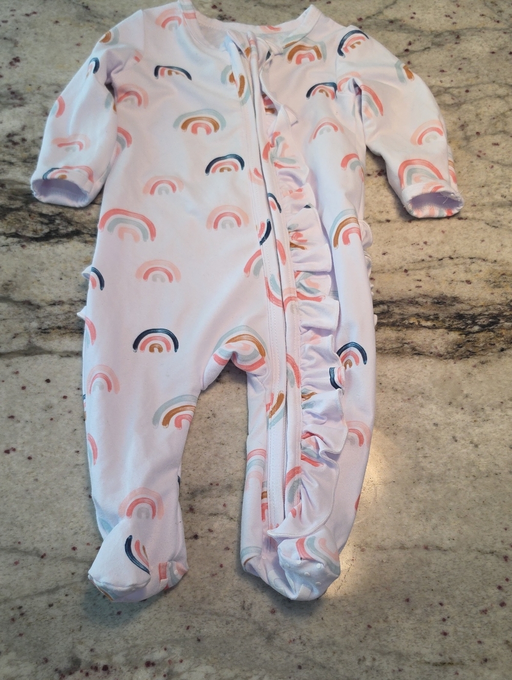 Caden Lane White Footed One-Piece with Pastel Rainbow Ruffles